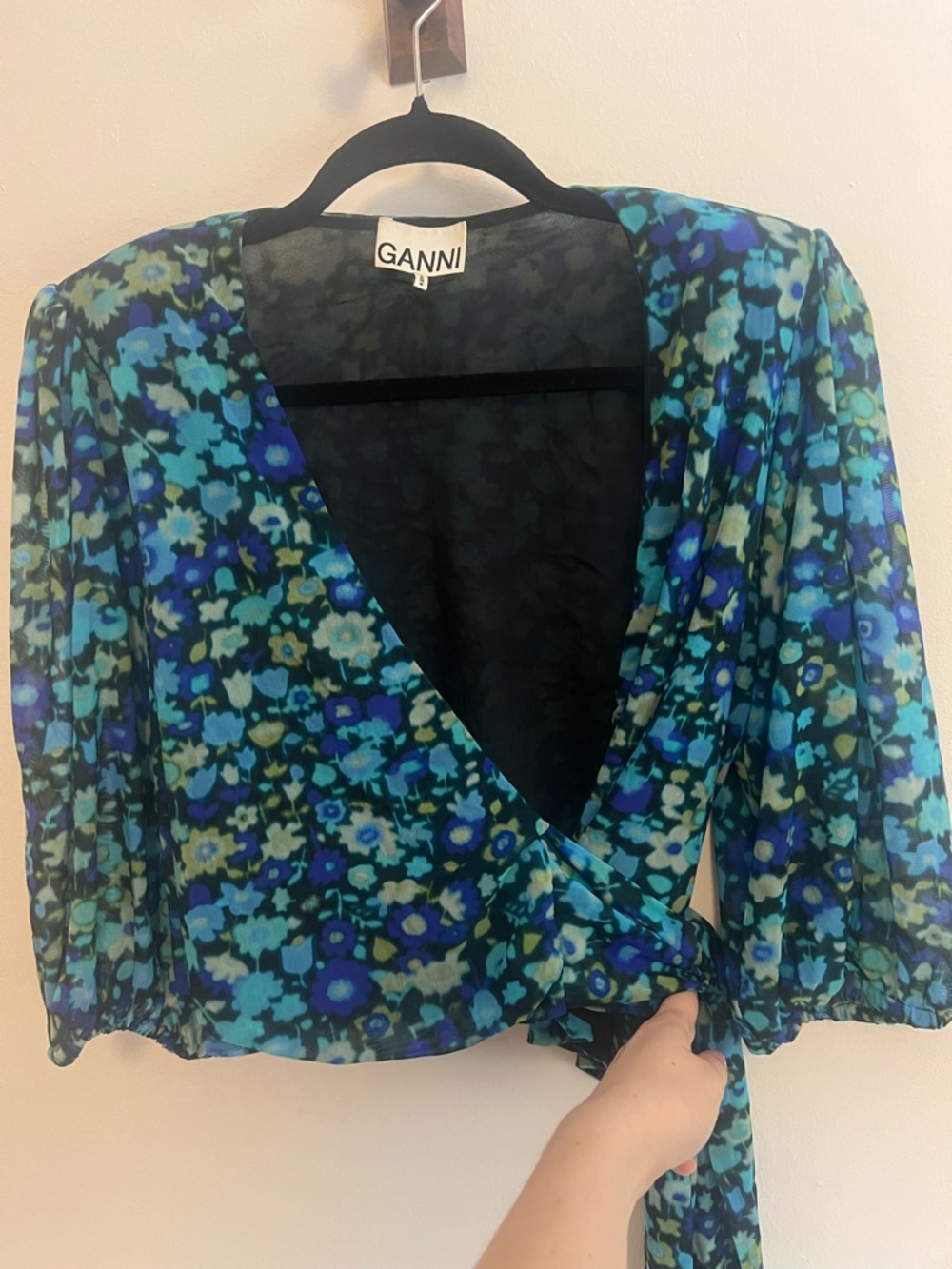Ganni Blue & Green Floral Wrap Blouse